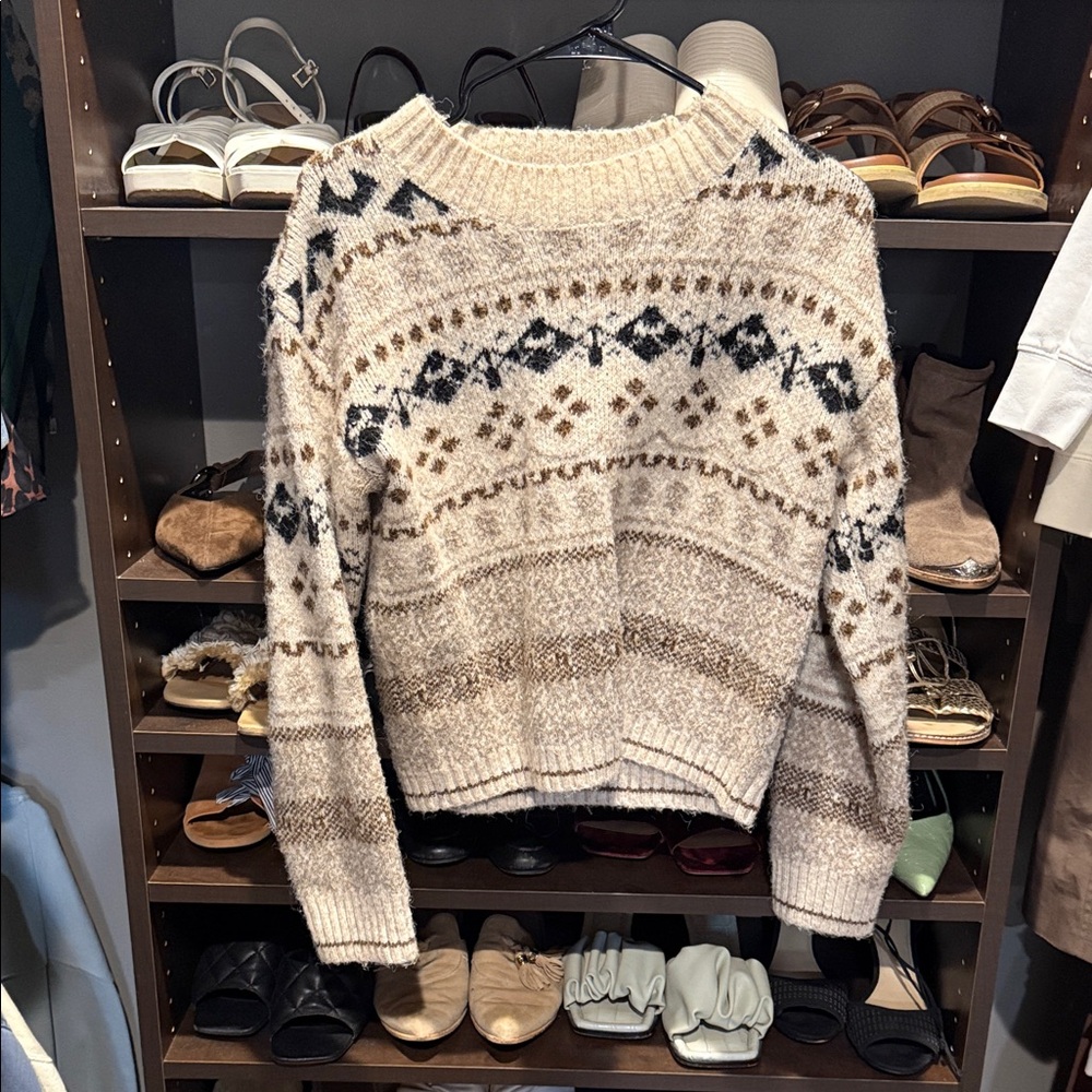 Line and dot Cozy Patterned Sweater - Cream and Brown